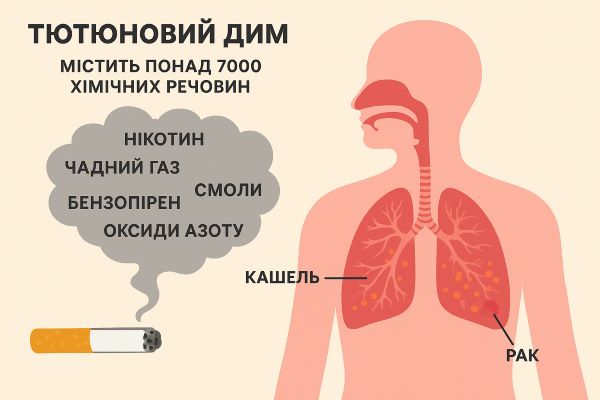 інфографіку про склад тютюнового диму та наслідки його впливу на органи дихальної системи людини.