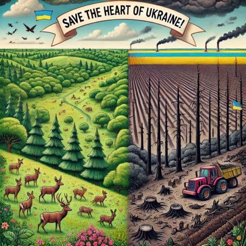Зображення є ілюстрацією-порівнянням, розділеною на дві частини. Ліва частина показує квітучу природу України: зелені пагорби, густі ліси, оленів та птахів у чистому небі під українським прапором. Права частина зображує екологічну катастрофу: випалену та зорану землю, мертві стовбури дерев, пні, промисловий дим та техніку. Зверху розташований банер із закликом захистити природу.