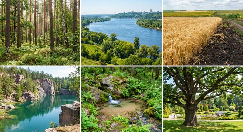 Колаж із шести фотографій, що демонструють різноманітні та мальовничі природні ландшафти, ймовірно, України. Верхній ряд містить зображення соснового лісу, широкої річки серед зелених пагорбів з видом на церкву вдалині, та поля стиглої пшениці. У нижньому ряду зображено затоплений гранітний кар'єр або каньйон зі скелястими берегами, лісовий струмок, що тече по камінню, та великий розлогий дуб у парковій зоні.