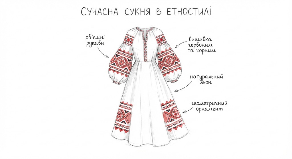 ескіз сучасної сукні чи сорочки, у якій використано елементи етностилю (вишивка, орнамент, крій).
