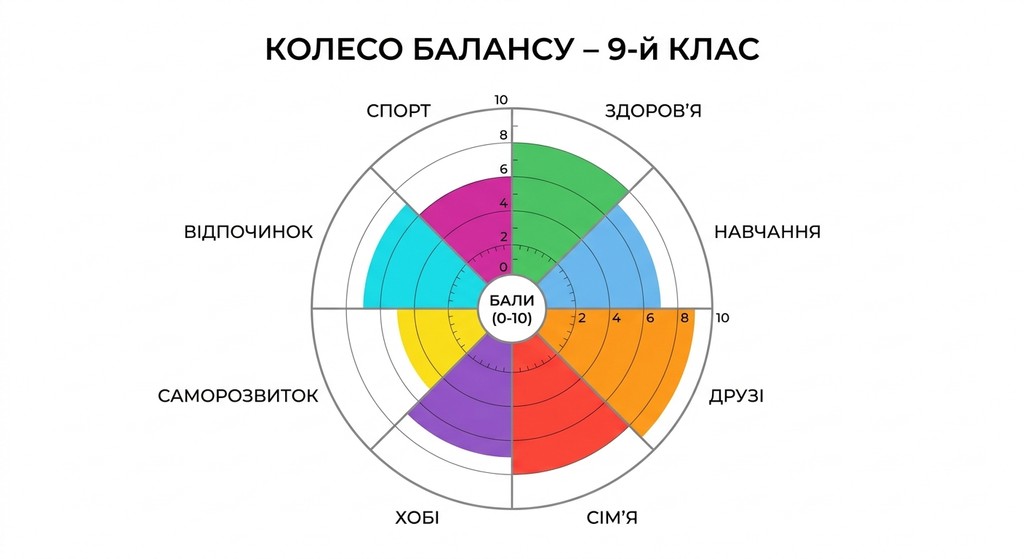 Кольорова діаграма «Колесо балансу» для учня 9 класу, розділена на 8 секторів: Здоров'я, Навчання, Друзі, Сім'я, Хобі, Саморозвиток, Відпочинок та Спорт, заповнених за шкалою від 0 до 10.