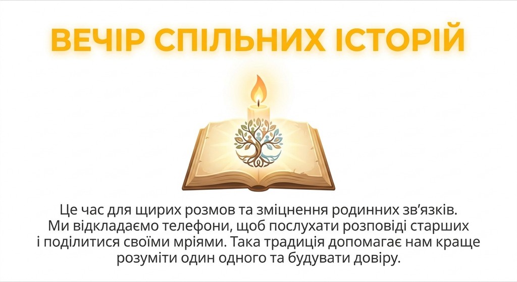 Яскравий плакат «ВЕЧІР СПІЛЬНИХ ІСТОРІЙ» із зображенням відкритої книги, всередині якої світить свічка та росте родинне дерево, з текстом про сімейні цінності.