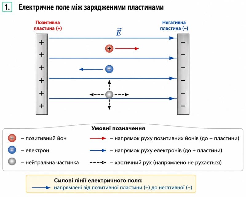 В електричному полі, створеному двома різнойменно зарядженими пластинами (рис. 1), міститься йонізований газ. Перенесіть рисунок до зошита. Зобразіть силові лінії електричного поля між пластинами. Покажіть напрямок руху електронів і йонів. Яким буде рух нейтральних частинок?